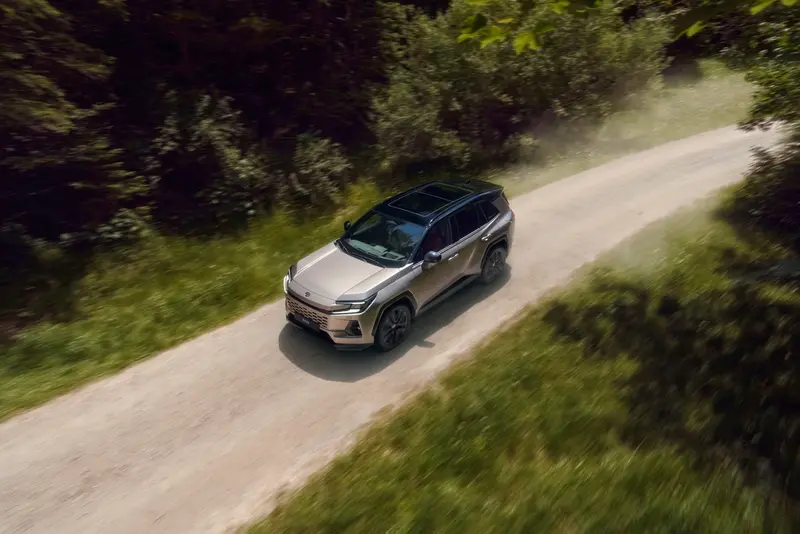 Toyota RAV4 van bovenaf gezien op een bospad